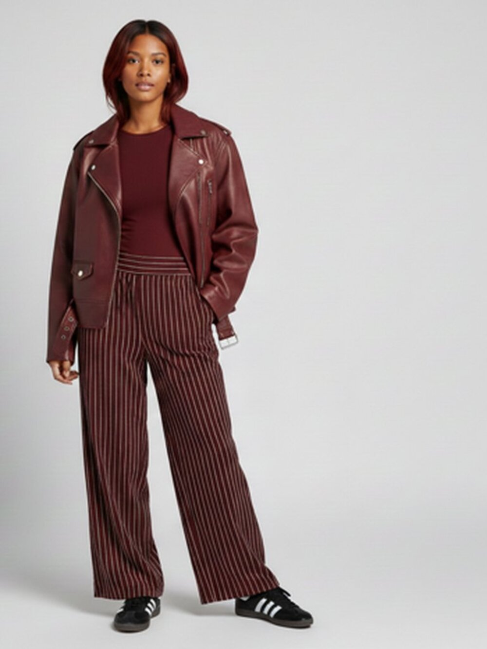 Burgundy Pinstripe Wide-Leg Trousers | High-Waisted Relaxed Fit | Dark Academia